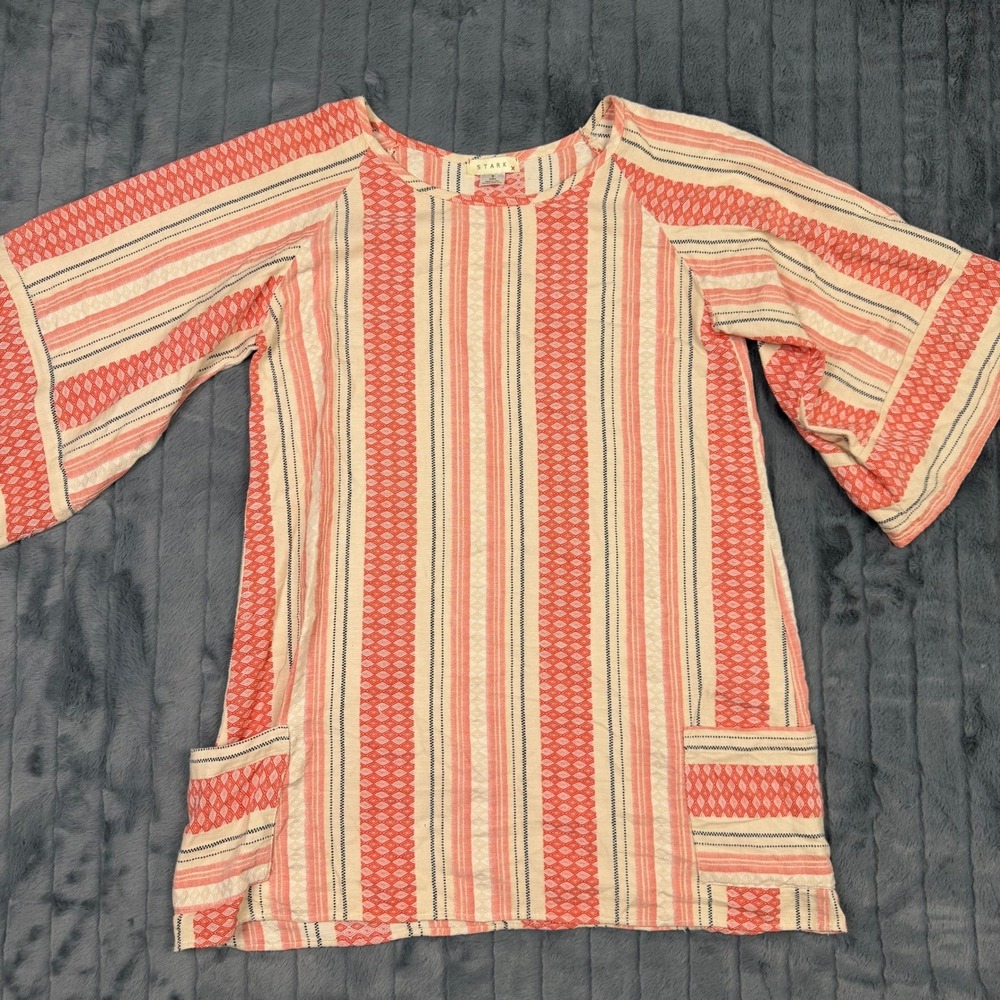 Stark X Women Small Petite Coral Pink Striped Cotton Tunic Top Pocket Boho USA